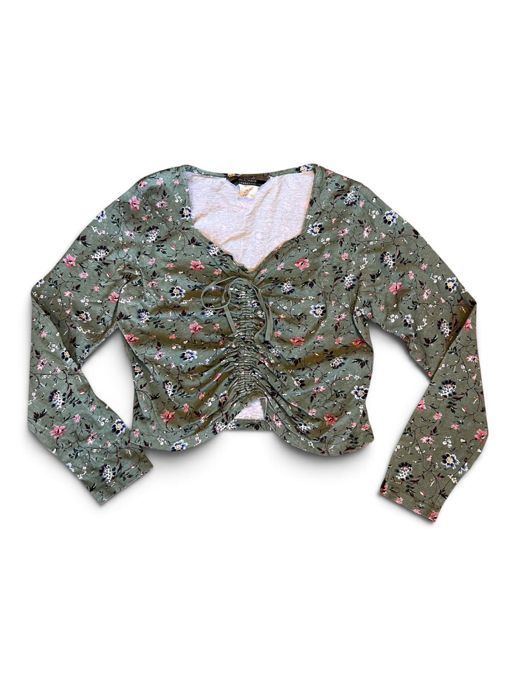 Rockies Vintage Y2K Women’s Sz M Green Floral Lace Up Top Long Sleeves Cropped